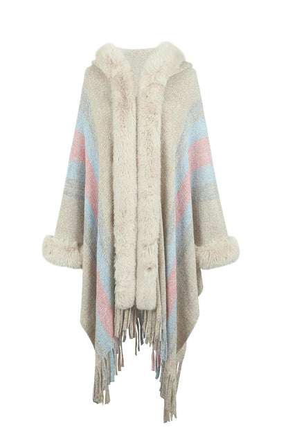 Color Block Fringe Detail Poncho - Vesteeto