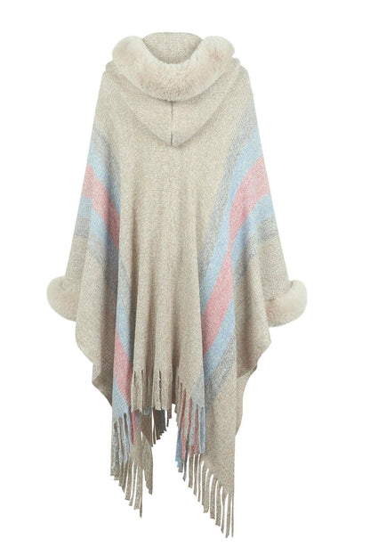 Color Block Fringe Detail Poncho - Vesteeto