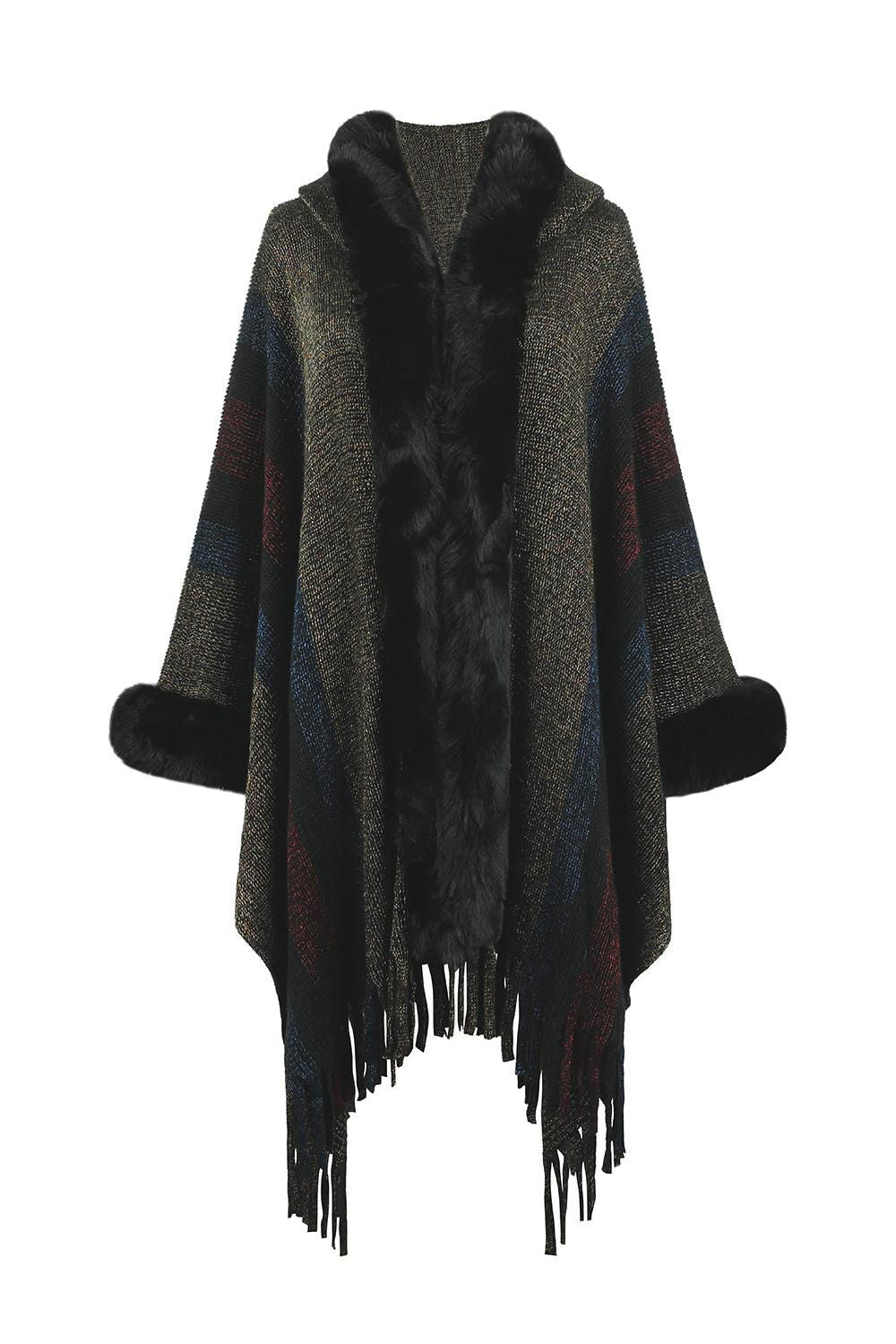 Color Block Fringe Detail Poncho - Vesteeto