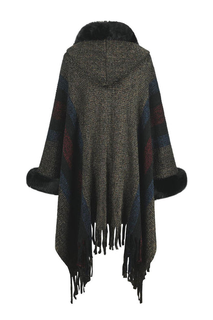 Color Block Fringe Detail Poncho - Vesteeto