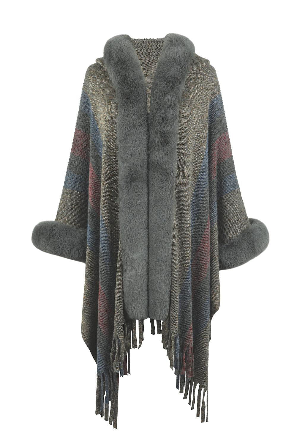 Color Block Fringe Detail Poncho - Vesteeto