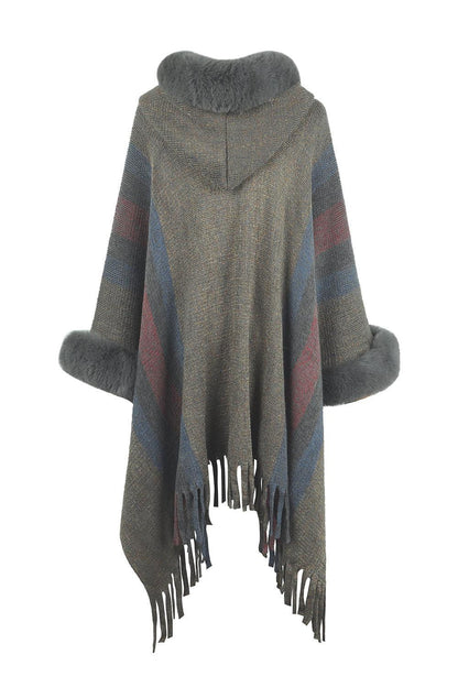 Color Block Fringe Detail Poncho - Vesteeto