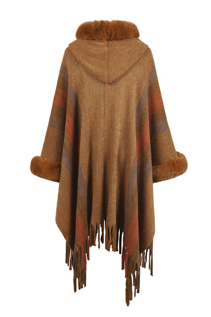 Color Block Fringe Detail Poncho - Vesteeto