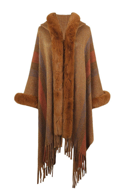 Color Block Fringe Detail Poncho - Vesteeto