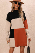 Color Block Mock Neck Dropped Shoulder Sweater Dress - Vesteeto