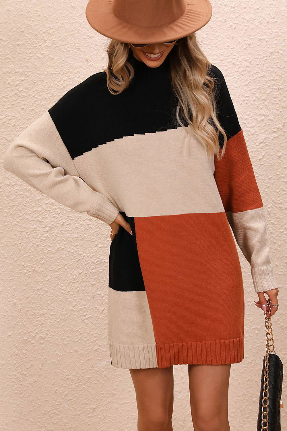 Color Block Mock Neck Dropped Shoulder Sweater Dress - Vesteeto