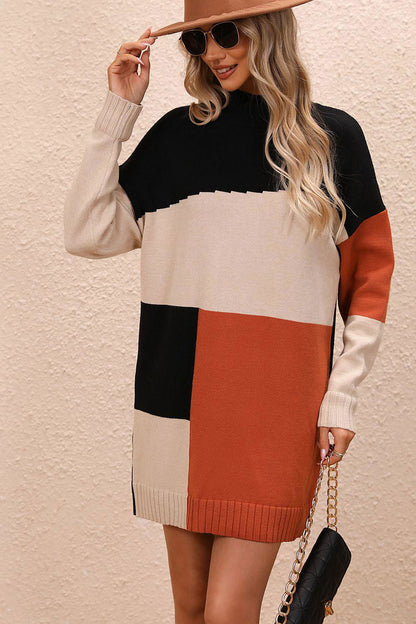 Color Block Mock Neck Dropped Shoulder Sweater Dress - Vesteeto