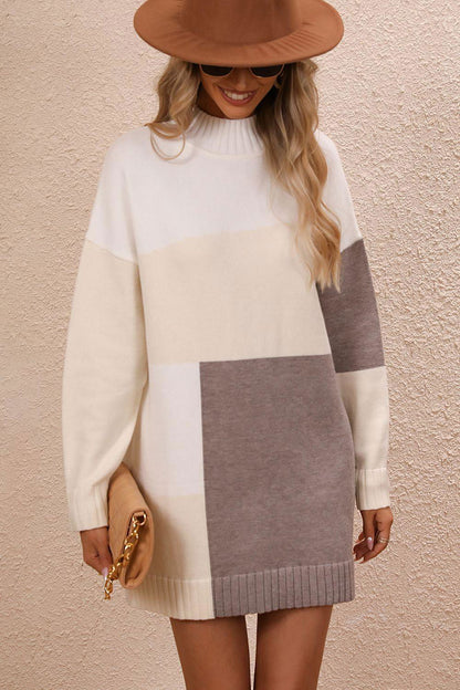 Color Block Mock Neck Dropped Shoulder Sweater Dress - Vesteeto