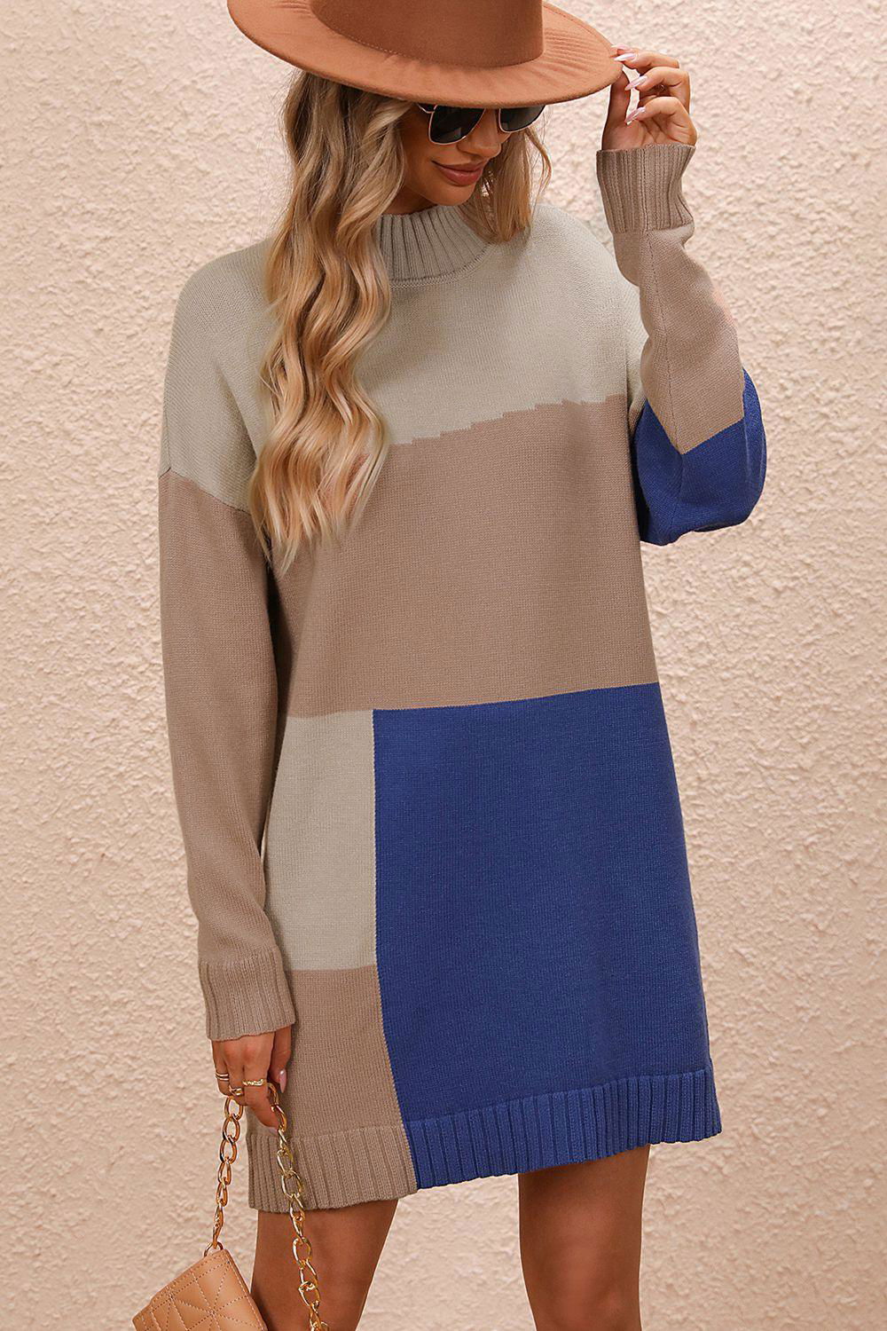 Color Block Mock Neck Dropped Shoulder Sweater Dress - Vesteeto