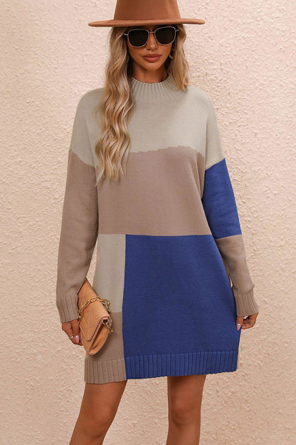 Color Block Mock Neck Dropped Shoulder Sweater Dress - Vesteeto