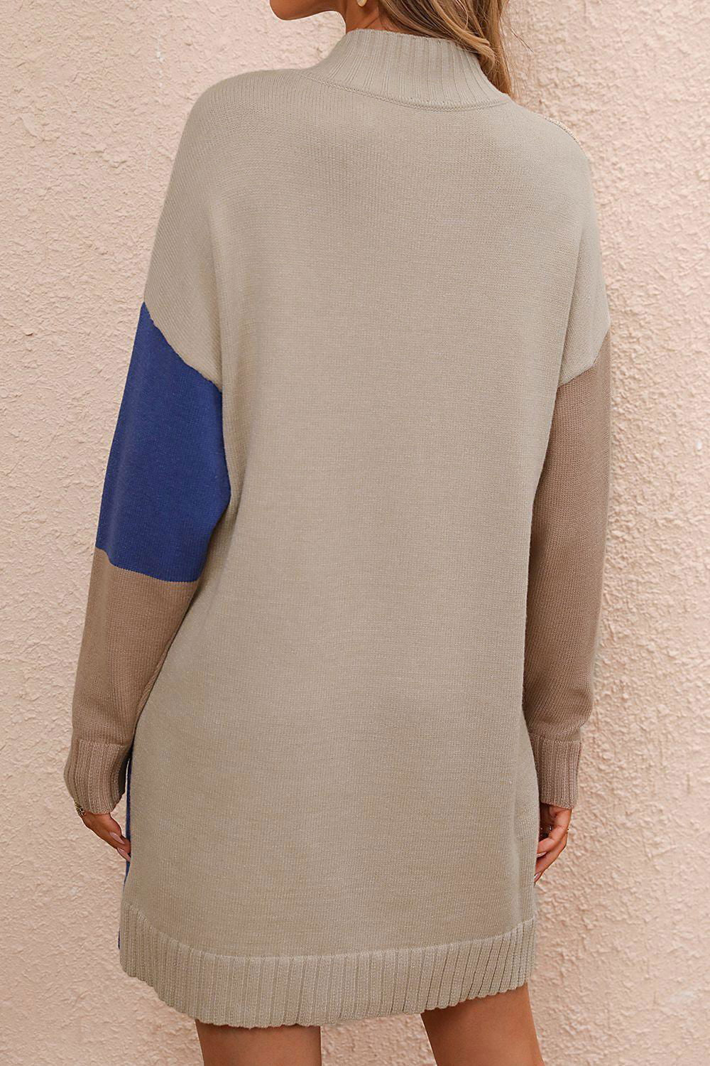 Color Block Mock Neck Dropped Shoulder Sweater Dress - Vesteeto