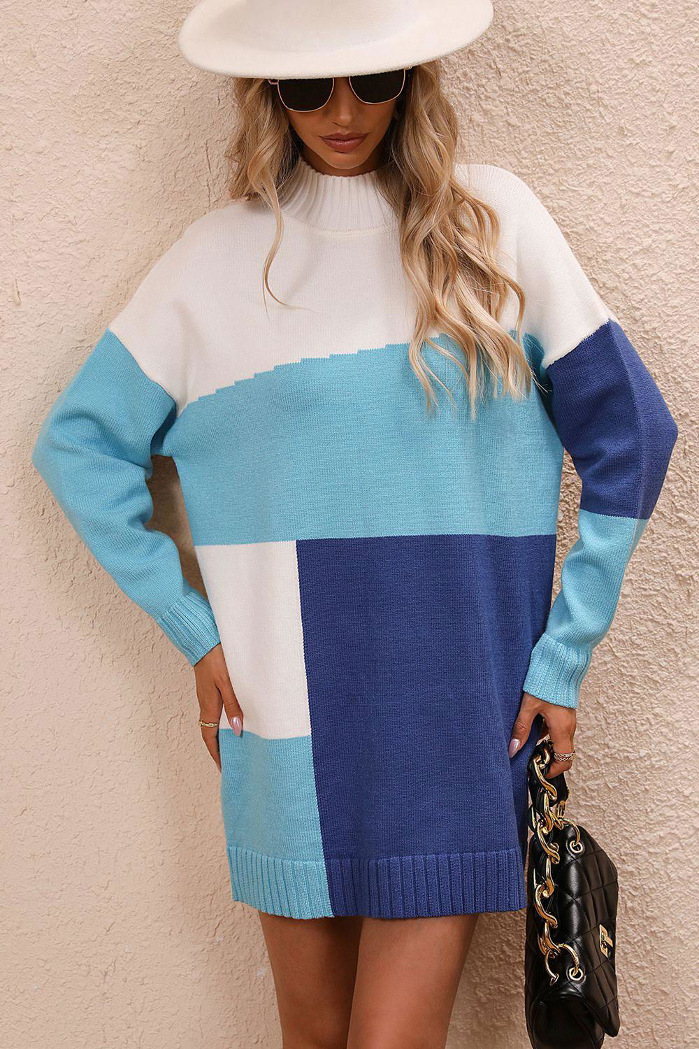 Color Block Mock Neck Dropped Shoulder Sweater Dress - Vesteeto