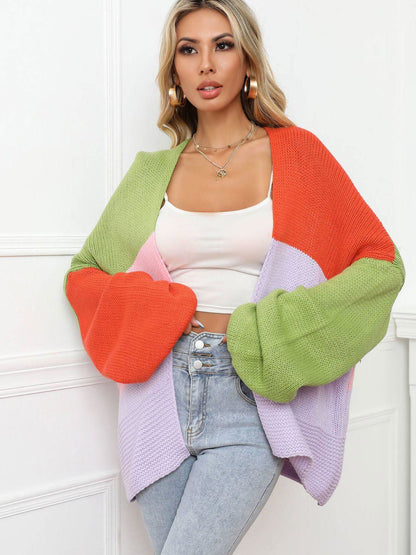 Color Block Open Front Balloon Sleeve Longline Cardigan - Vesteeto