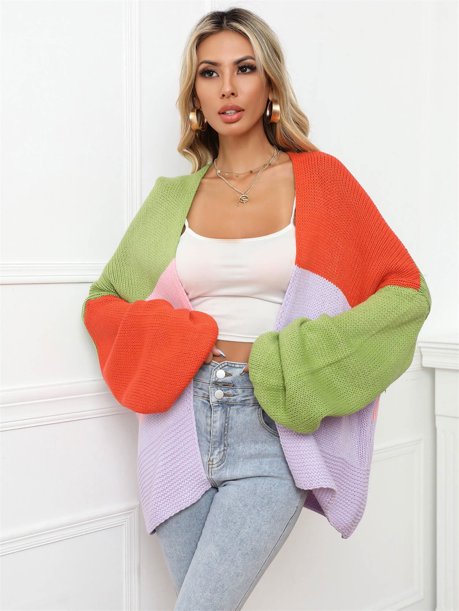 Color Block Open Front Balloon Sleeve Longline Cardigan - Vesteeto