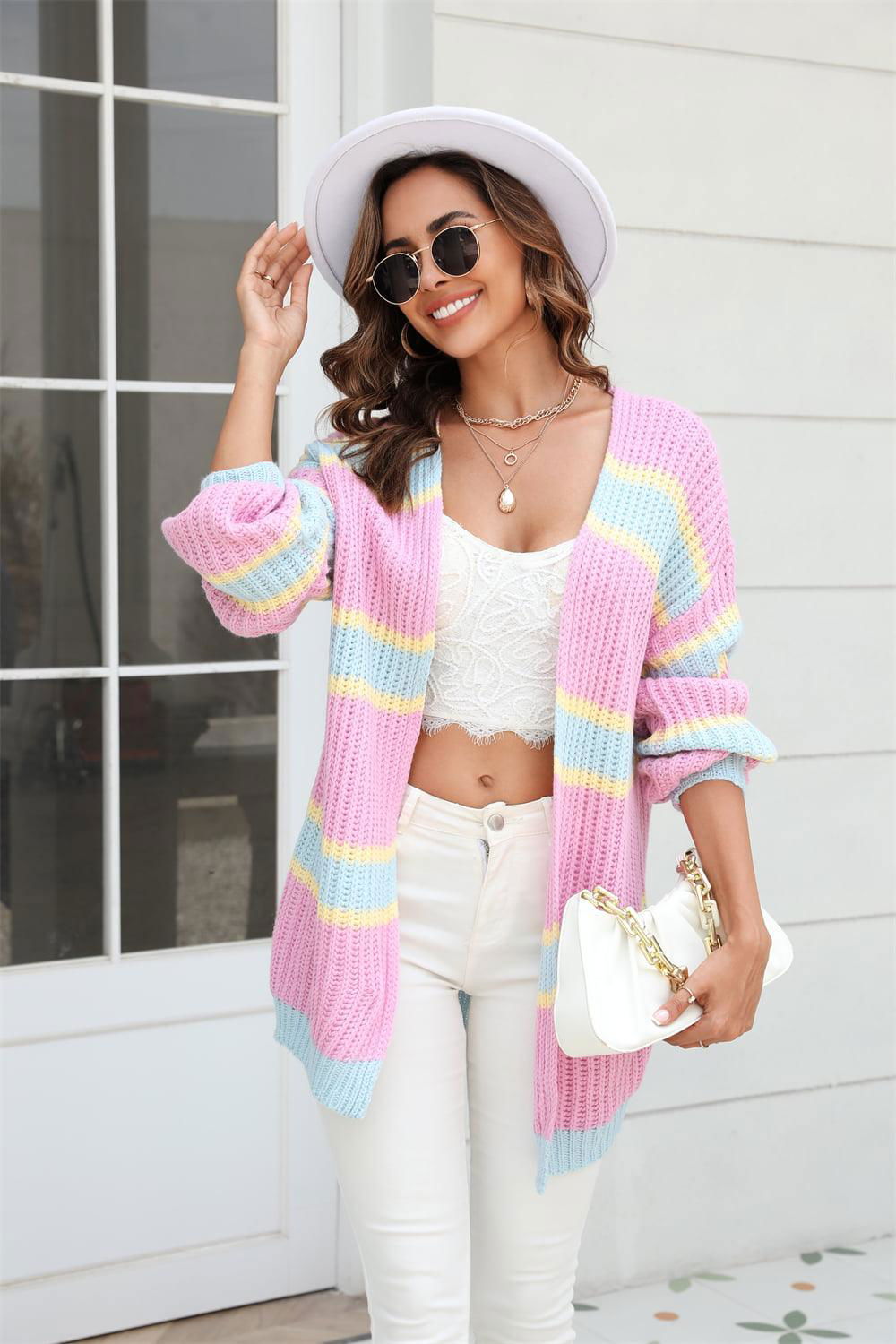 Color Block Ribbed Dropped Shoulder Open Front Cardigan - Vesteeto