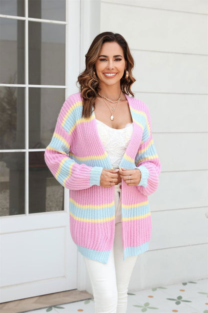 Color Block Ribbed Dropped Shoulder Open Front Cardigan - Vesteeto