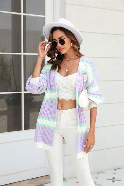 Color Block Ribbed Dropped Shoulder Open Front Cardigan - Vesteeto