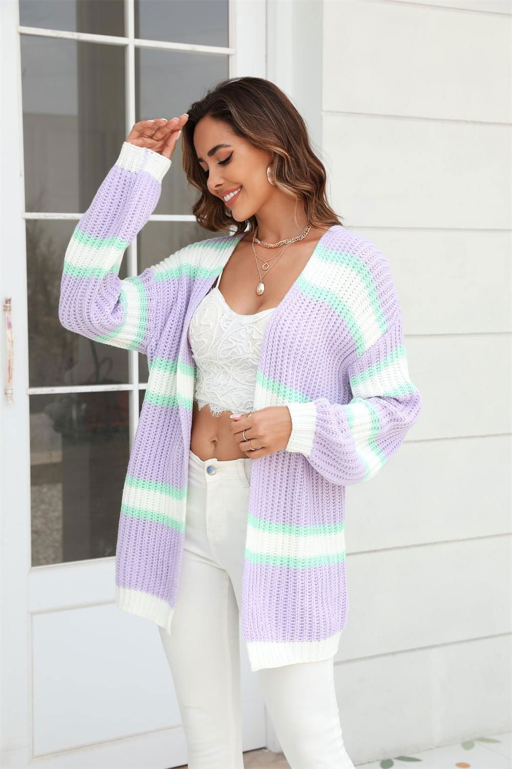 Color Block Ribbed Dropped Shoulder Open Front Cardigan - Vesteeto