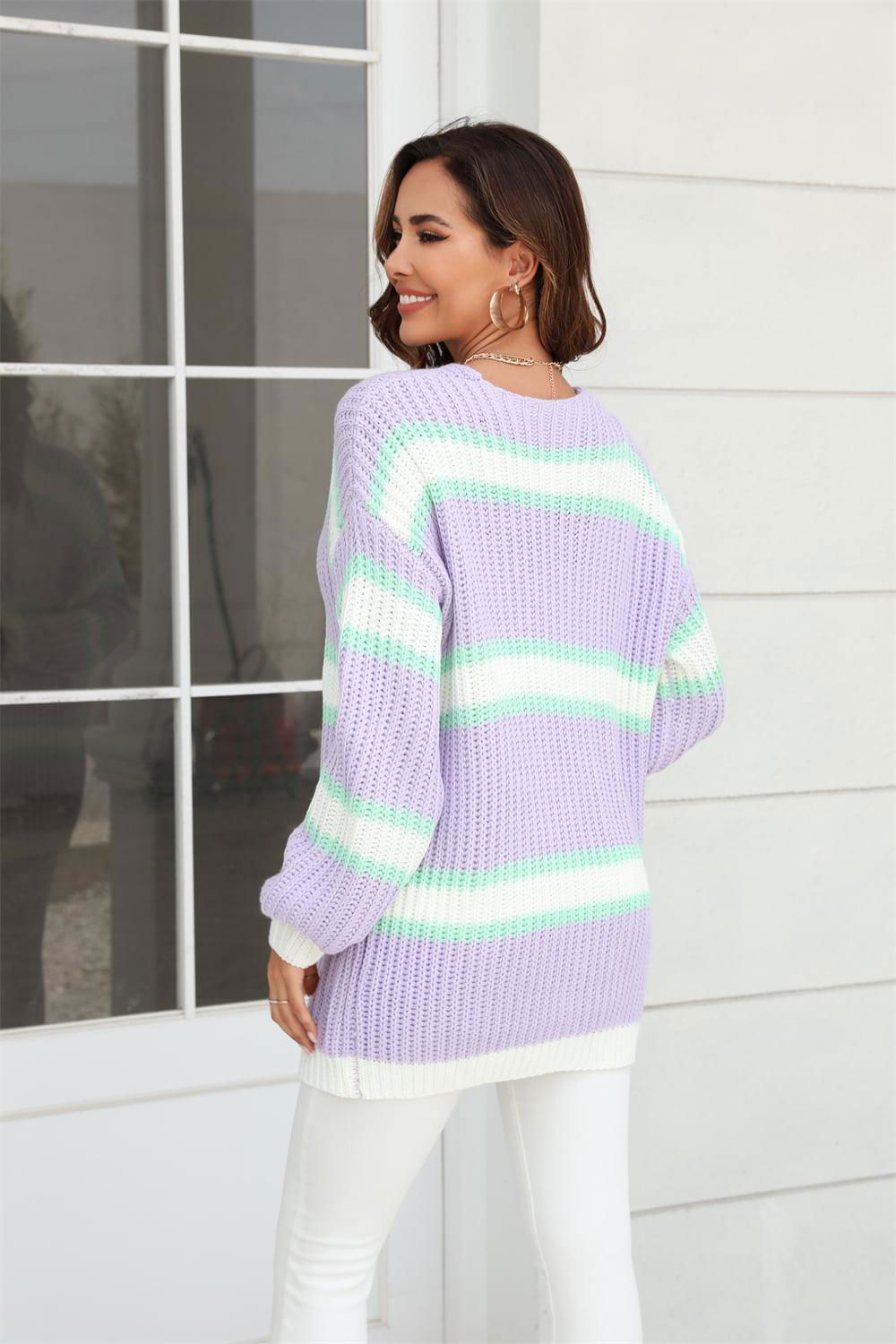 Color Block Ribbed Dropped Shoulder Open Front Cardigan - Vesteeto