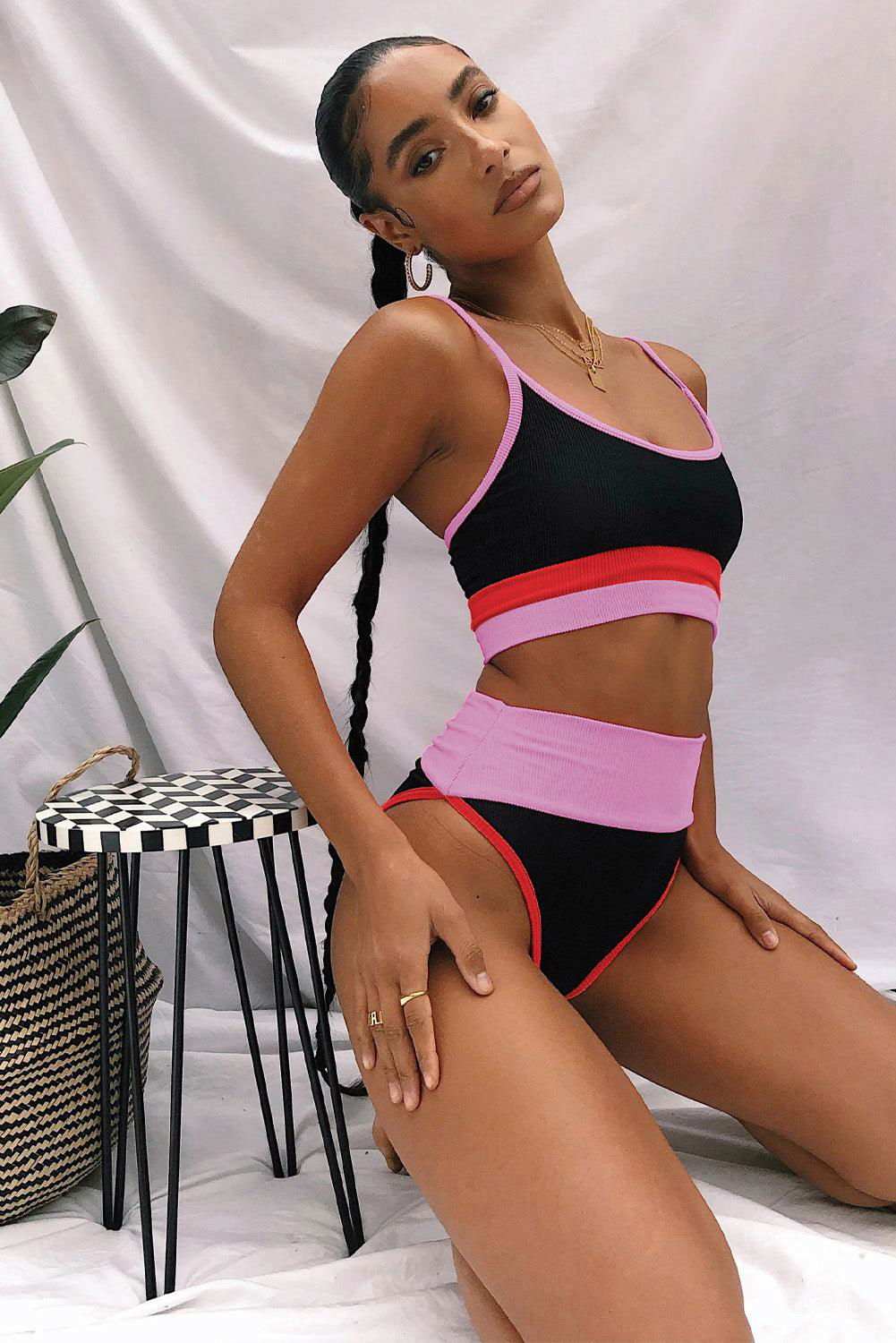 Color Block Spaghetti Strap Two-Piece Swim Set - Vesteeto