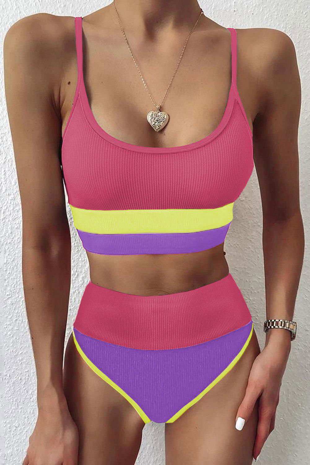 Color Block Spaghetti Strap Two-Piece Swim Set - Vesteeto