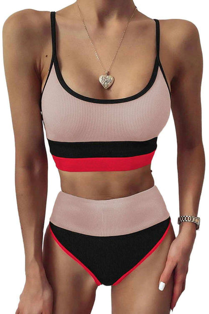 Color Block Spaghetti Strap Two-Piece Swim Set - Vesteeto