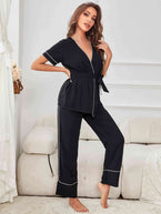 Contrast Piping Belted Top and Pants Pajama Set - Vesteeto