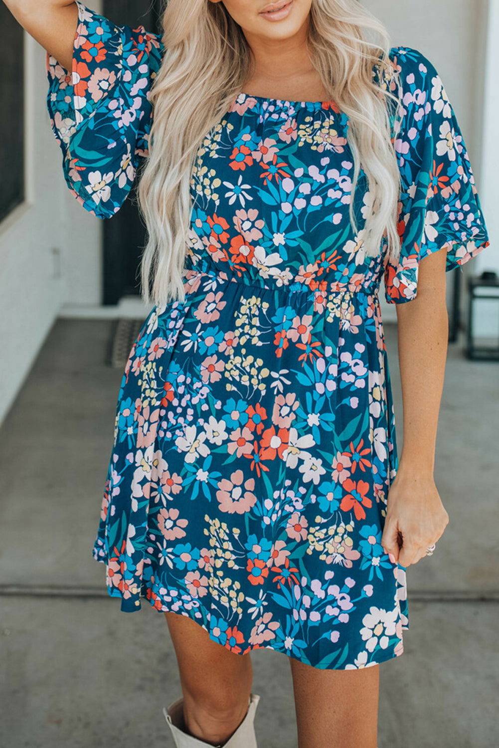 Dark Blue Bohemian Floral Print Off Shoulder Short Dress - Vesteeto