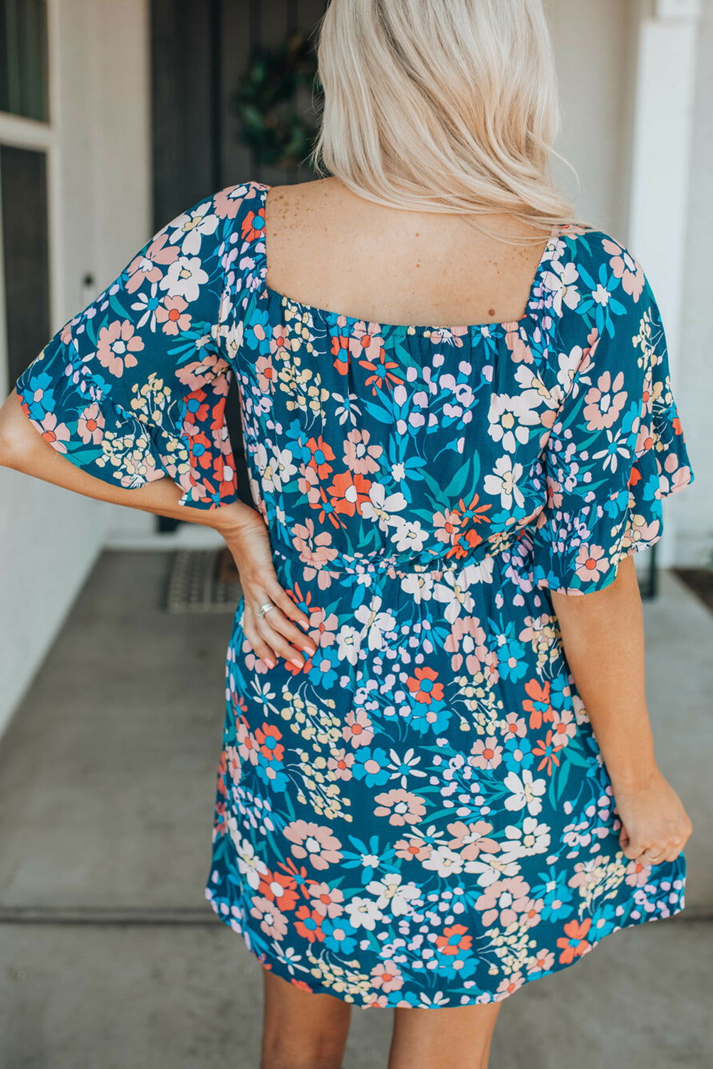 Dark Blue Bohemian Floral Print Off Shoulder Short Dress - Vesteeto