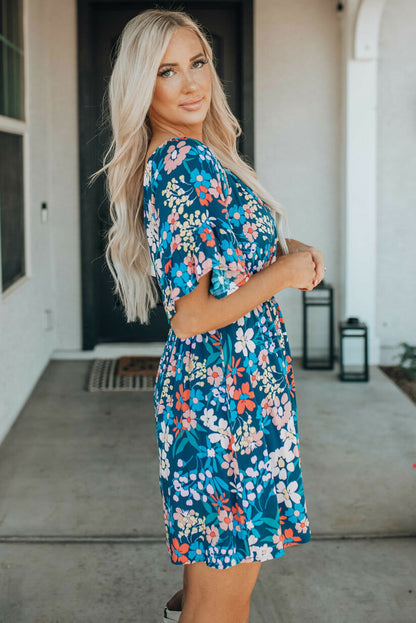 Dark Blue Bohemian Floral Print Off Shoulder Short Dress - Vesteeto