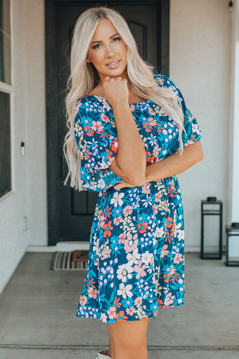 Dark Blue Bohemian Floral Print Off Shoulder Short Dress - Vesteeto