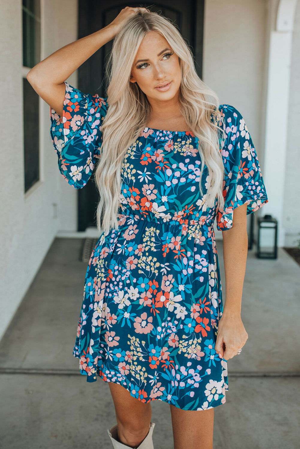 Dark Blue Bohemian Floral Print Off Shoulder Short Dress - Vesteeto