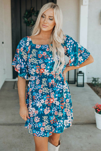 Dark Blue Bohemian Floral Print Off Shoulder Short Dress - Vesteeto