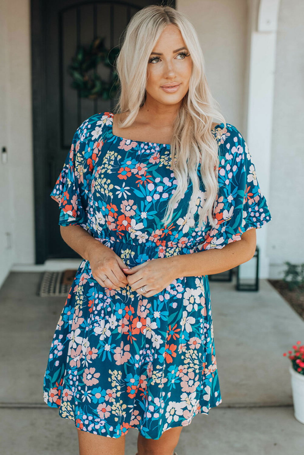 Dark Blue Bohemian Floral Print Off Shoulder Short Dress - Vesteeto