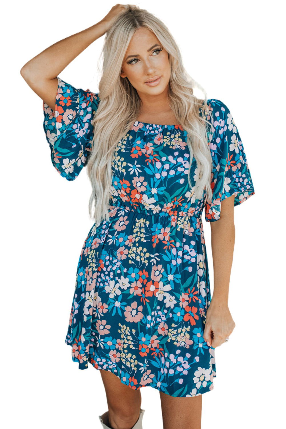 Dark Blue Bohemian Floral Print Off Shoulder Short Dress - Vesteeto