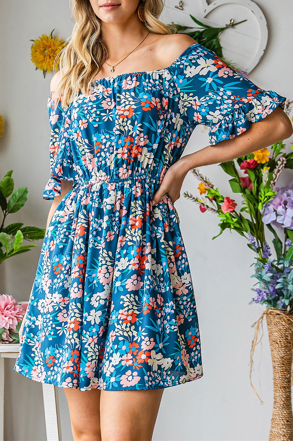 Dark Blue Bohemian Floral Print Off Shoulder Short Dress - Vesteeto