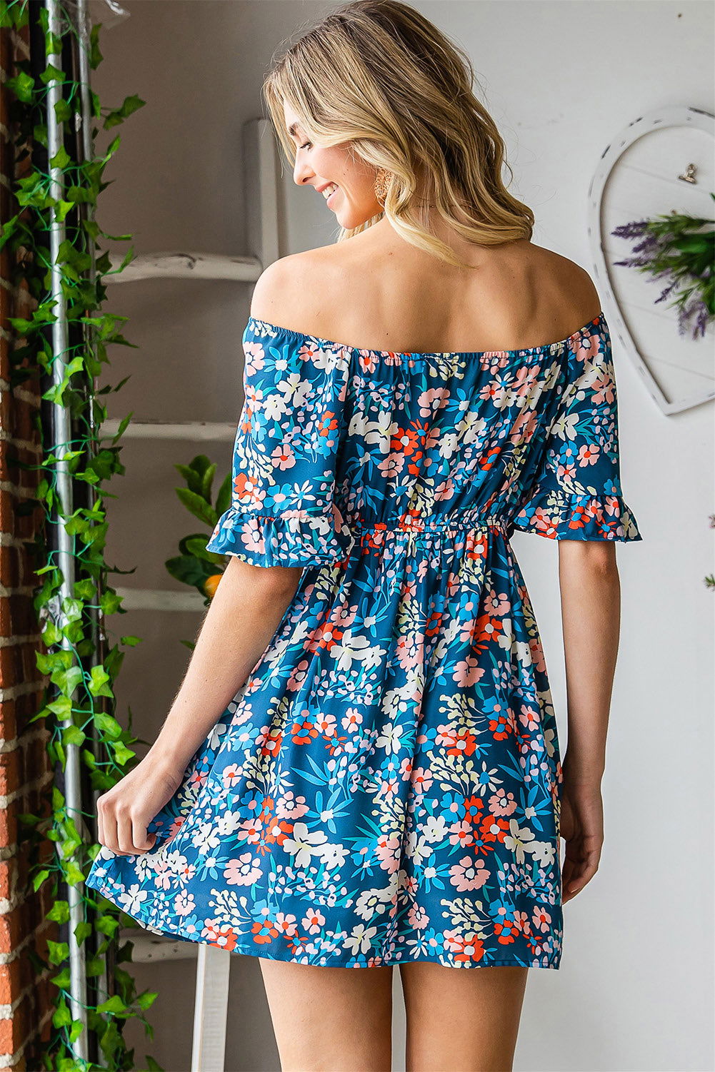 Dark Blue Bohemian Floral Print Off Shoulder Short Dress - Vesteeto