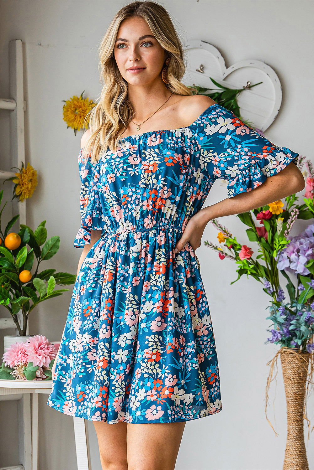 Dark Blue Bohemian Floral Print Off Shoulder Short Dress - Vesteeto