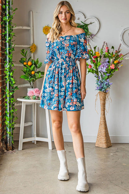 Dark Blue Bohemian Floral Print Off Shoulder Short Dress - Vesteeto