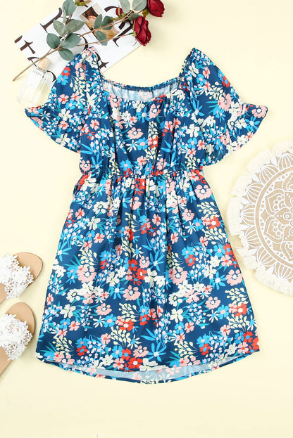 Dark Blue Bohemian Floral Print Off Shoulder Short Dress - Vesteeto