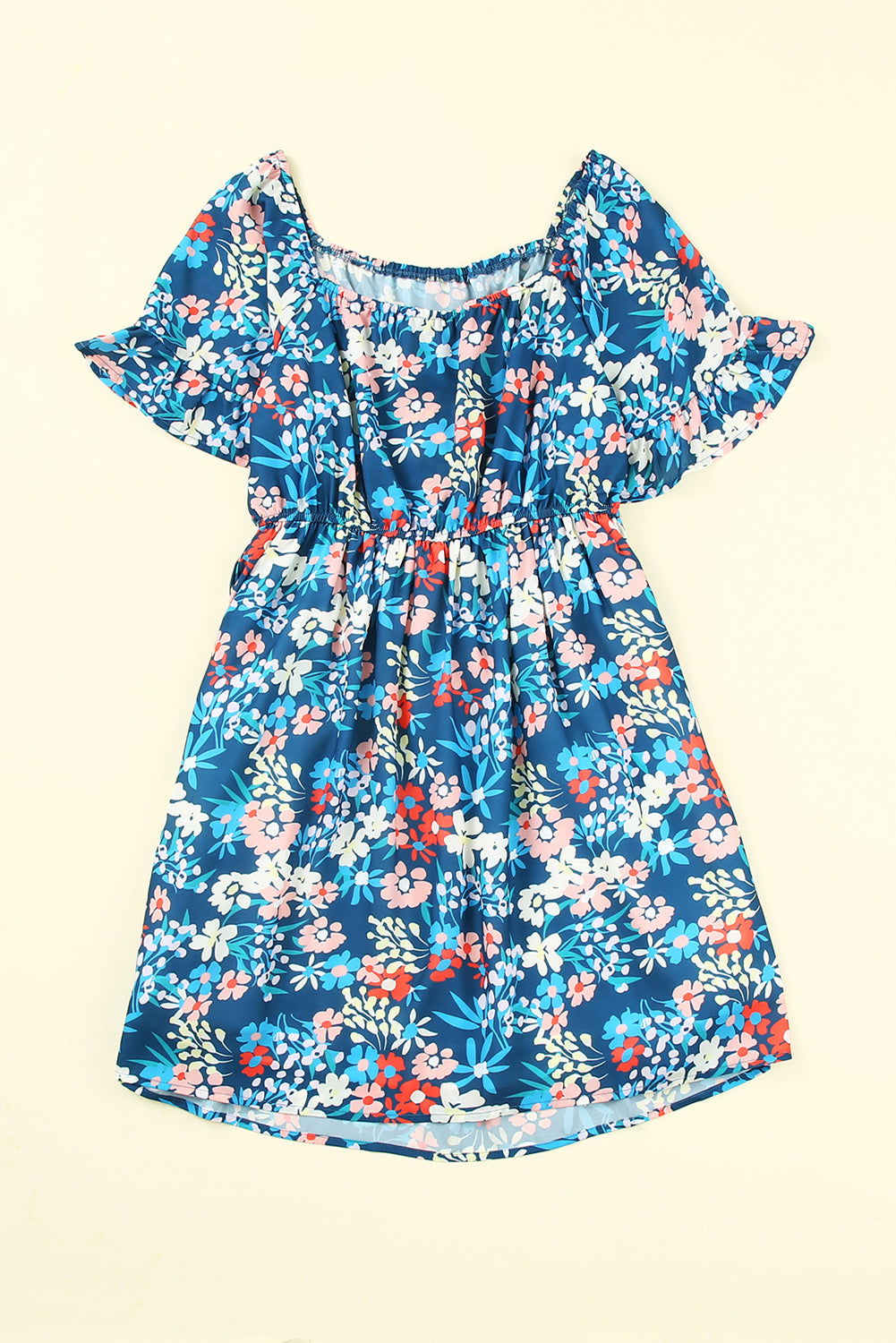 Dark Blue Bohemian Floral Print Off Shoulder Short Dress - Vesteeto