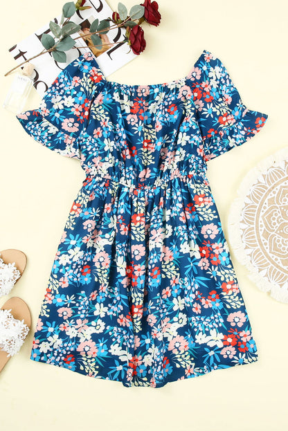 Dark Blue Bohemian Floral Print Off Shoulder Short Dress - Vesteeto