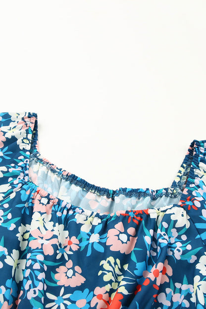 Dark Blue Bohemian Floral Print Off Shoulder Short Dress - Vesteeto