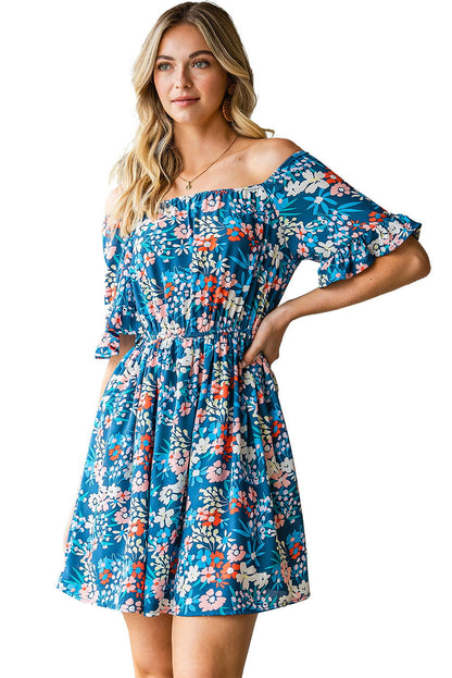 Dark Blue Bohemian Floral Print Off Shoulder Short Dress - Vesteeto