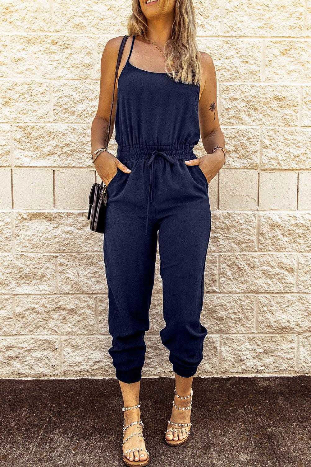 Dark Blue Pockets Drawstring Waist Spaghetti Strap Jumpsuit - Vesteeto