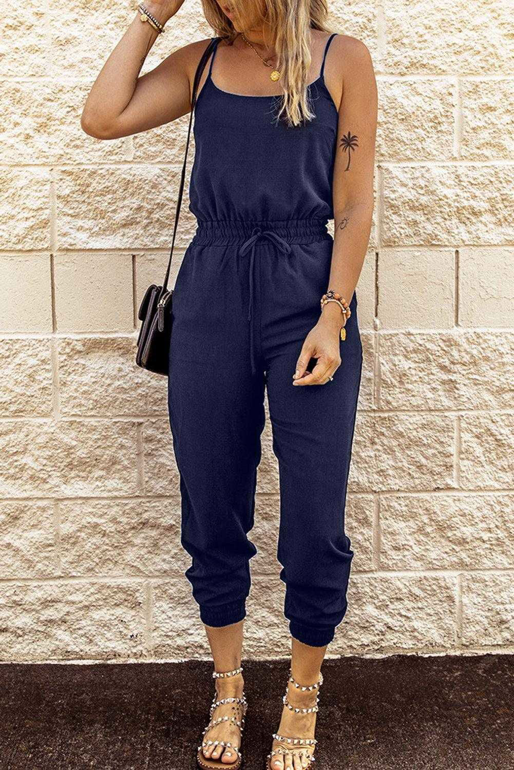 Dark Blue Pockets Drawstring Waist Spaghetti Strap Jumpsuit - Vesteeto