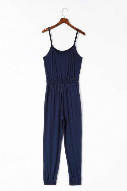 Dark Blue Pockets Drawstring Waist Spaghetti Strap Jumpsuit - Vesteeto