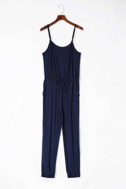 Dark Blue Pockets Drawstring Waist Spaghetti Strap Jumpsuit - Vesteeto