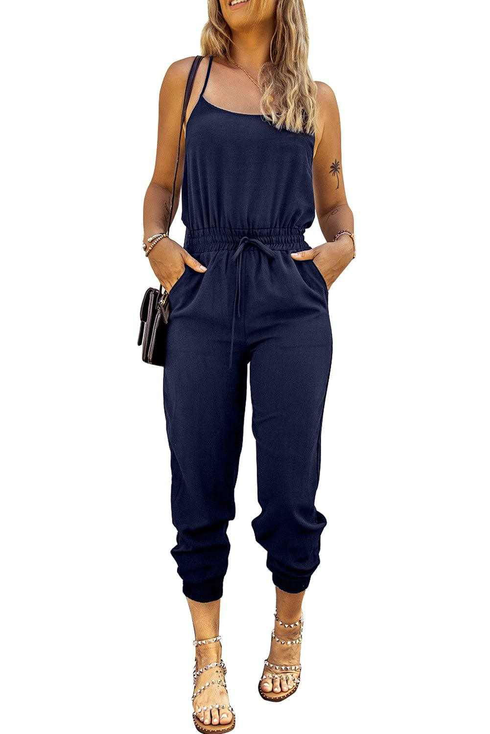 Dark Blue Pockets Drawstring Waist Spaghetti Strap Jumpsuit - Vesteeto