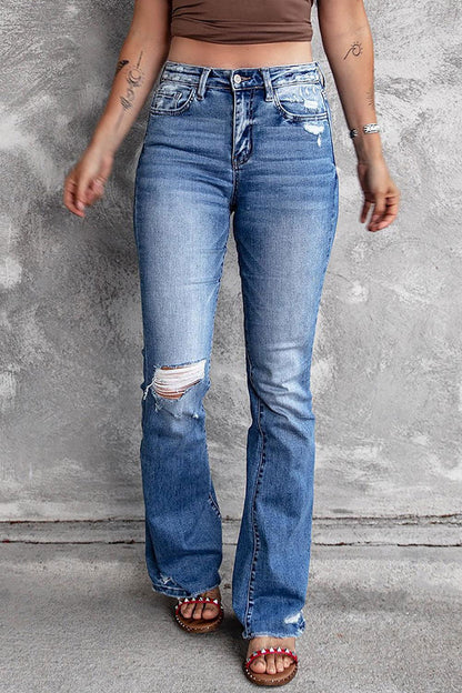 Dark Blue Ripped Raw Hem High Waist Flare Jeans - Vesteeto